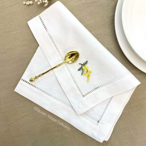 Floral Embroidered Hemstitch Border Cotton/Linen Napkin And Placemat Sets