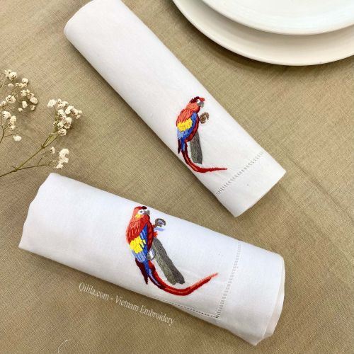 Parrot Embroidered Hemstitch Border Cotton/Linen Dinner Table Napkin And Placemat Sets