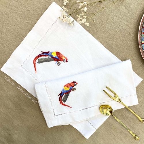 Parrot Embroidered Hemstitch Border Cotton/Linen Dinner Table Napkin And Placemat Sets