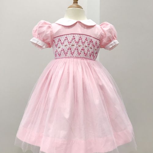 HANDMADE EMBROIDERY SMOCKED DRESS FOR CHILD GIRLS - PINK (STYLE 1)