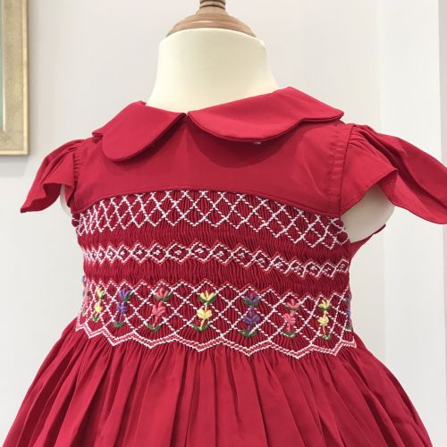 HANDMADE EMBROIDERY SMOCKED DRESS FOR CHILD GIRLS - RED