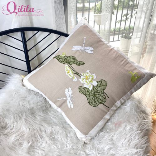 Lotus Flower Embroidered Pillow Cover