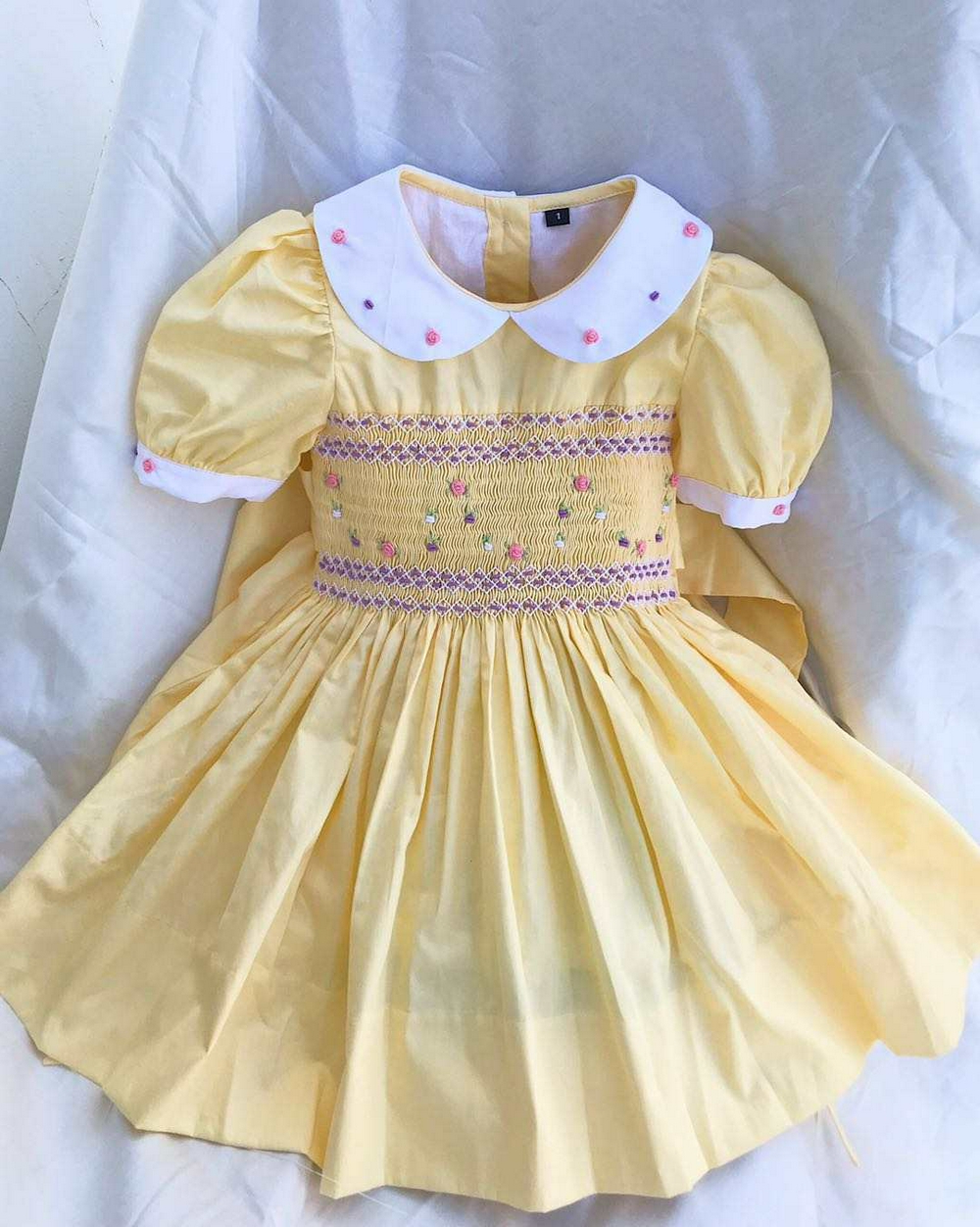 HANDMADE EMBROIDERY SMOCKED DRESS FOR CHILD GIRLS - Yellow (Style 1)