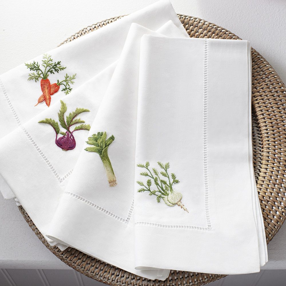 Vegetable pattern embroidery White Cotton/Linen Napkin with Hemstitch
